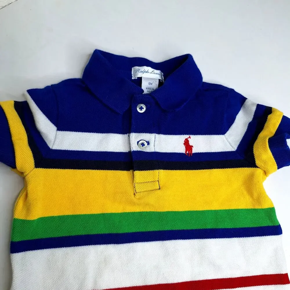 POLO Ralph Lauren Baby Boys Striped Cotton Mesh Polo Shortall 6m Primary Colors